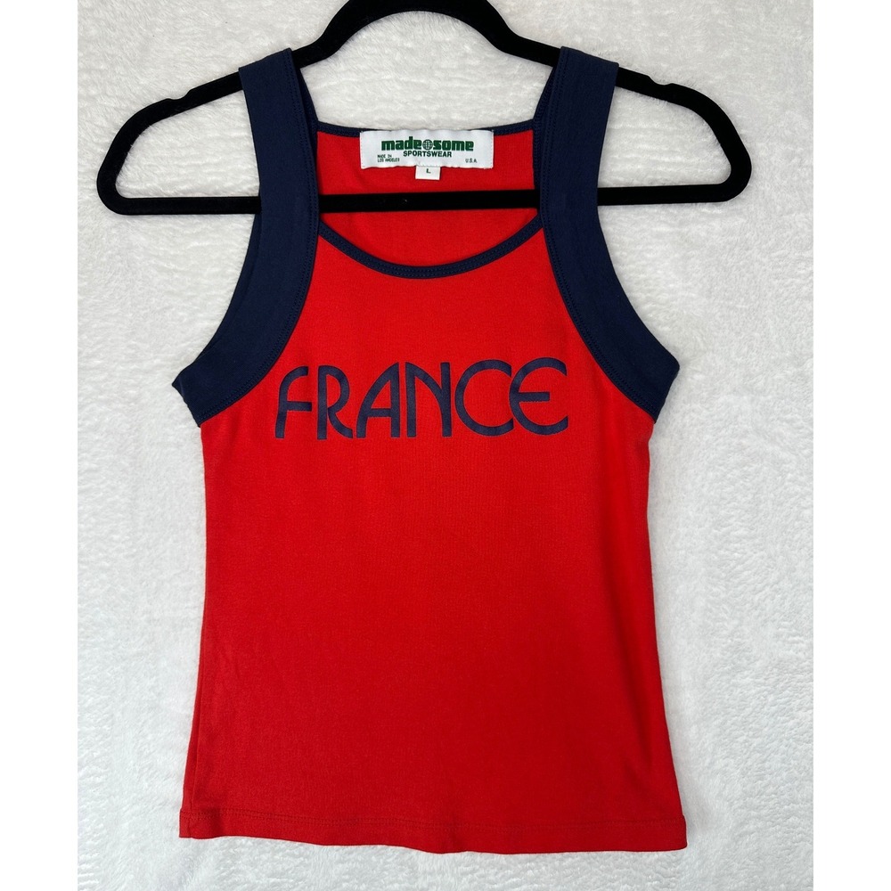 Made Some Sportswear France Tank Top Womens L Red Navy Blue Graphic Sleeveless